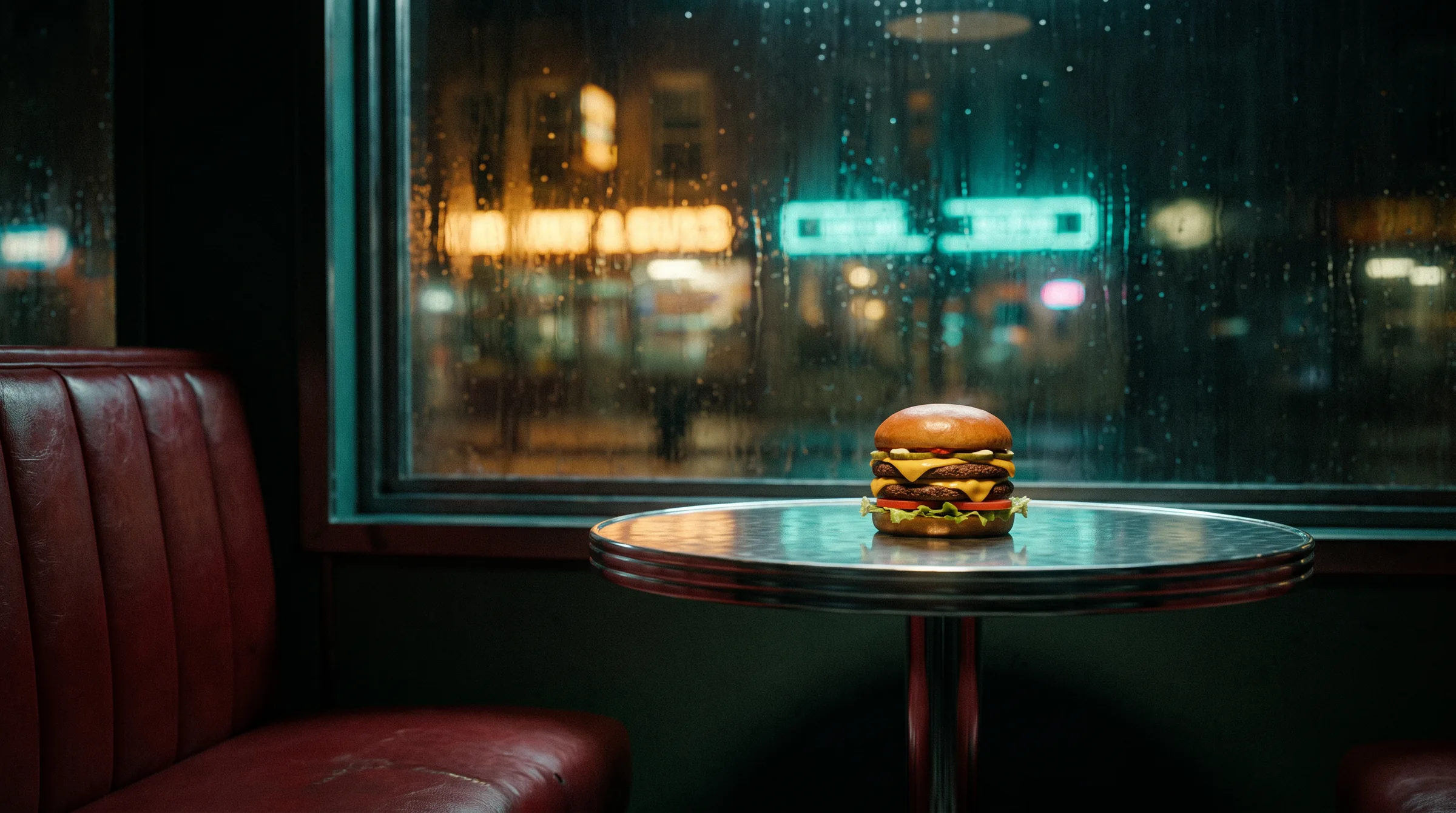 Vinyl booth by the fogged window, burger on the table