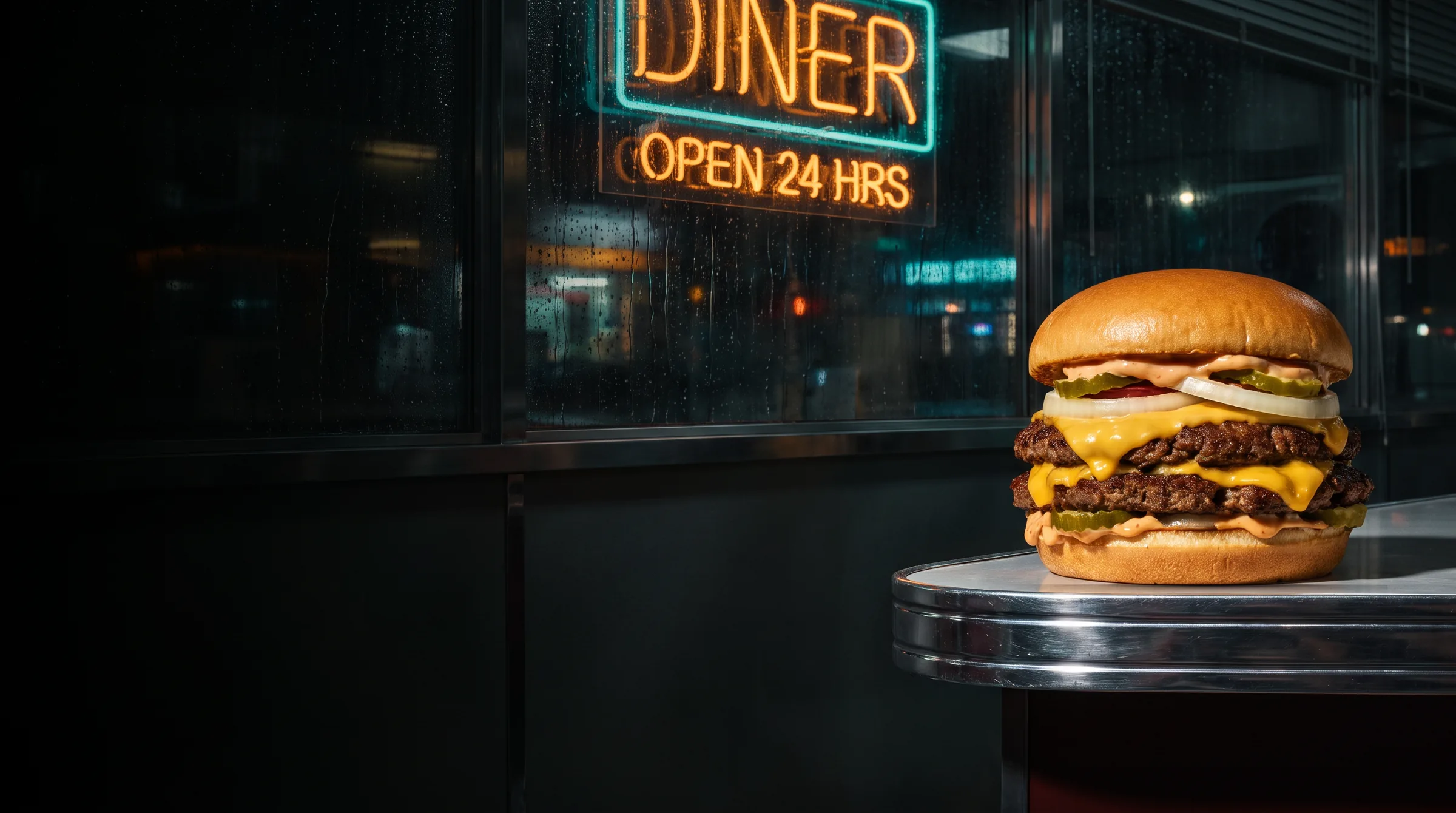 Double smash burger seated on the steel counter, neon behind