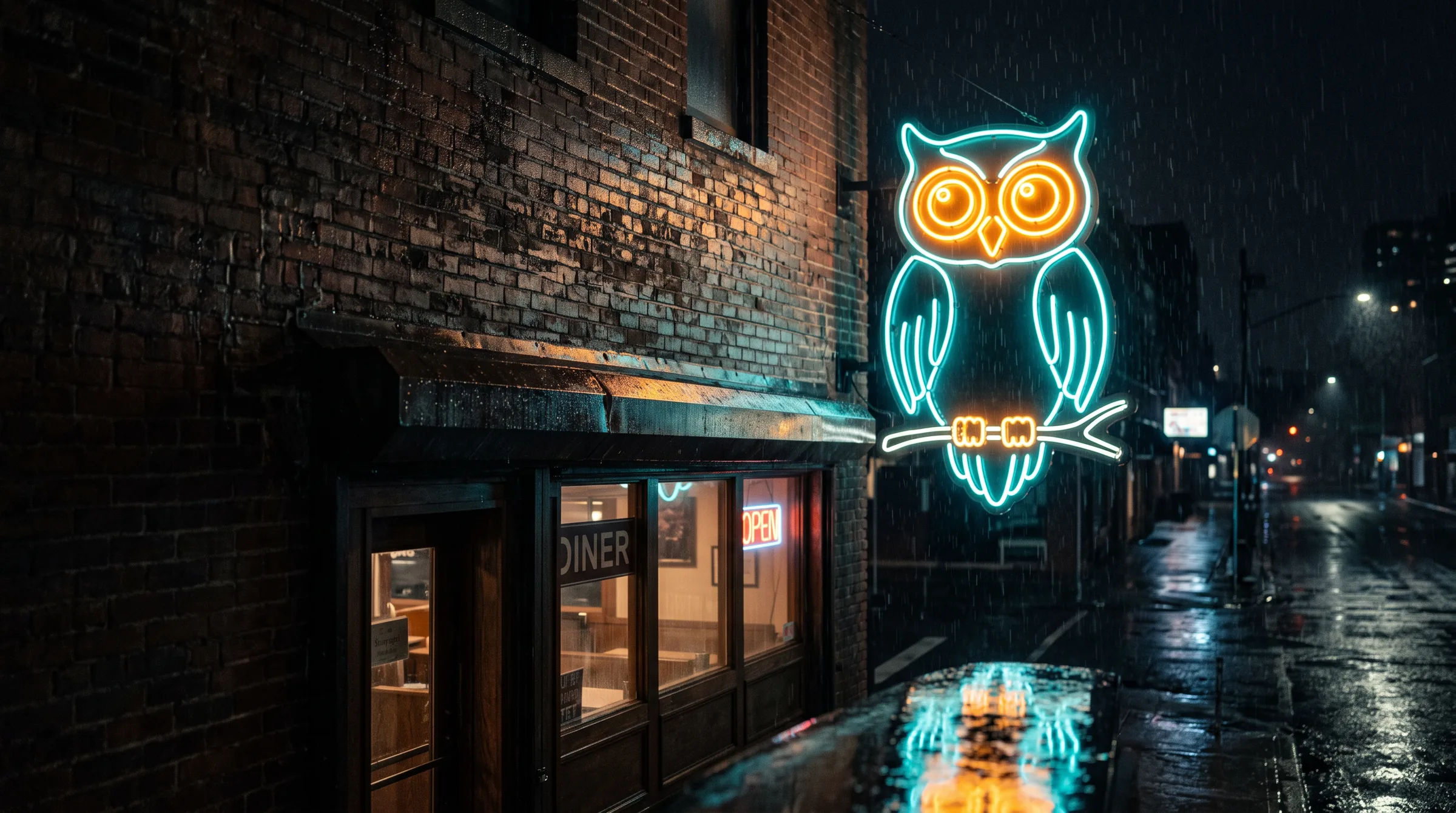 The Nite Owl neon sign over the wet street