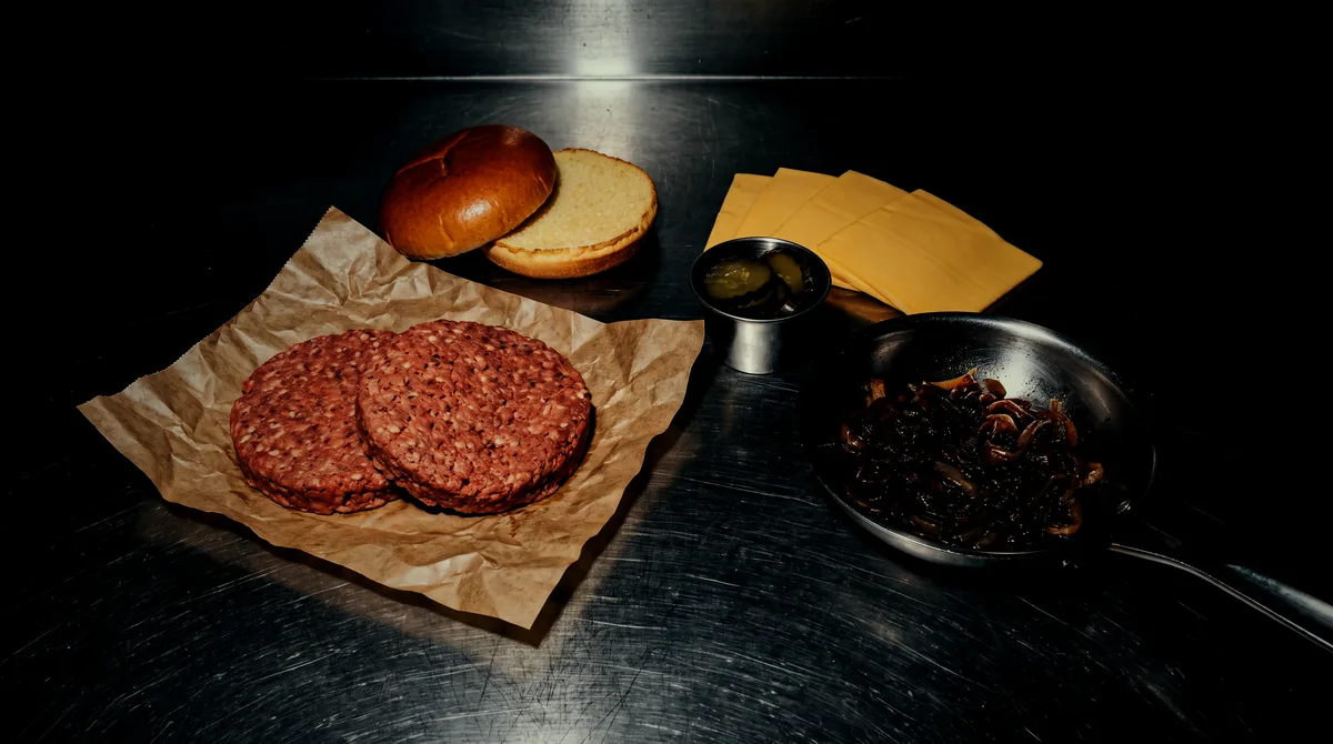 Patties, buns, cheese and onions on steel