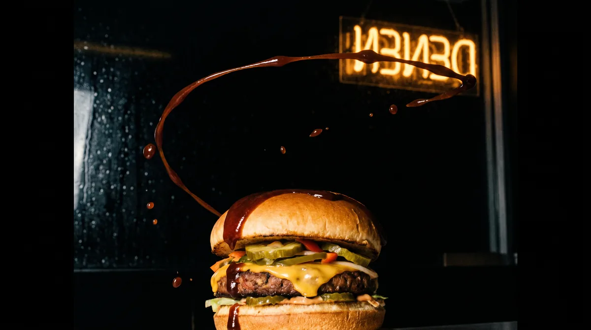 Sauce mid-drizzle over the stack